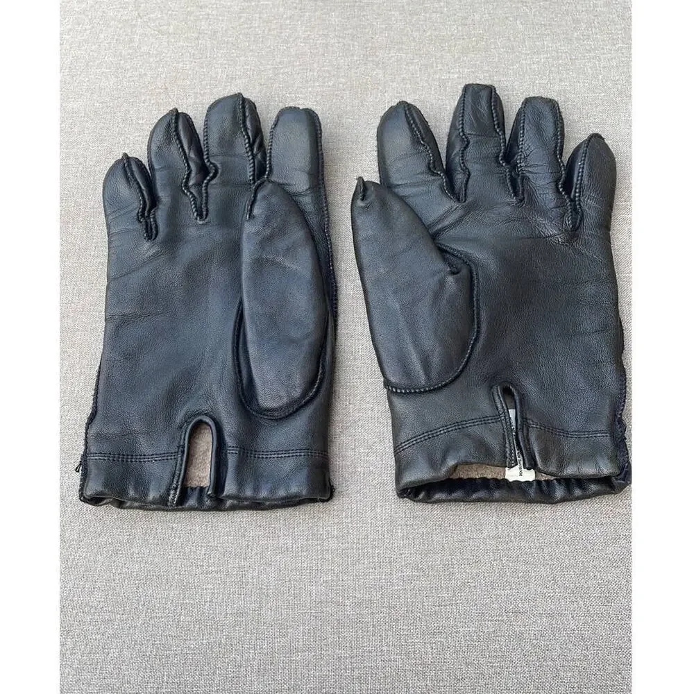Vintage black leather wide finger sherpa lined gloves size large